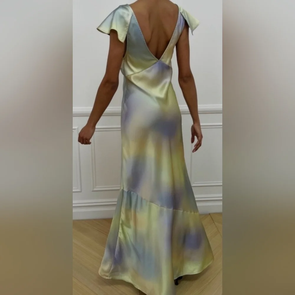 WeWoreWhat Watercolor Silky Charmeuse Midi Slip Dress, Cap Flutter Sleeve Size 0